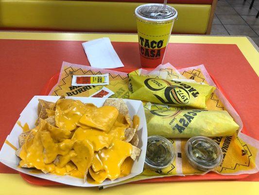 Two super tacos, nachos, and a drink