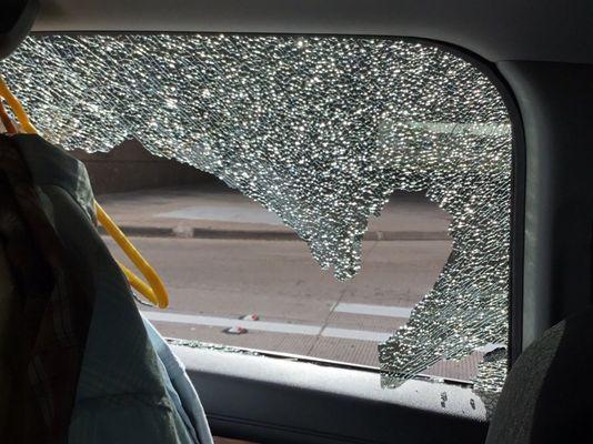 This was the window right after it happened. There was nothing left when we got to Access Glass. It had all fallen inside the car.