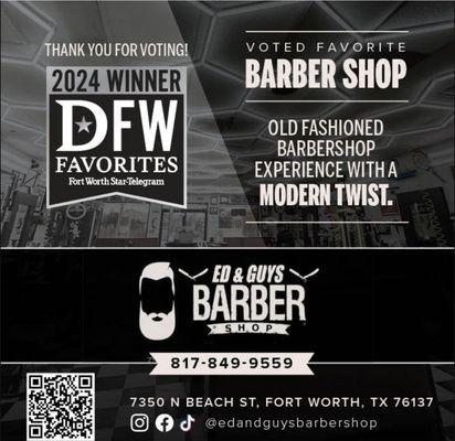 Recognized & awarded as one of the top 3 favorites barbershop in DFW area!