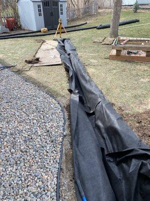 Yard drain tile trench with filter fabric