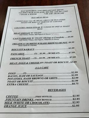 Breakfast menu