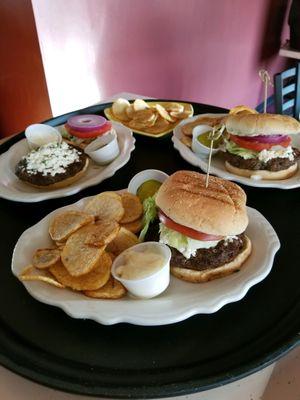 Steak Burgers, your choice of toppings. Greek, Blue Cheese, or Regular!