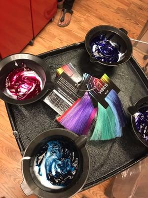 The colors we picked during my consultation.  Teal, Violet, Magenta and Royal Blue.  All applied over my pale blonde hair.