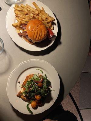 The cheeseburger was huge and the cheese was so good! The chicken was so flavorful and the greens on top were fresh and crisp.