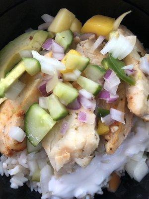 Coconut rice with cilantro lime tilapia, avocado, mango & habanero salsa.