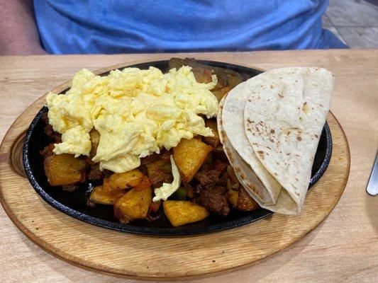 Breakfast skillet. With Chorizo and jalapeños.