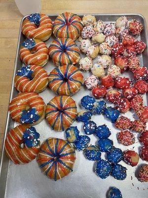 Special red, white, and blue sprinkle donut holes and donuts