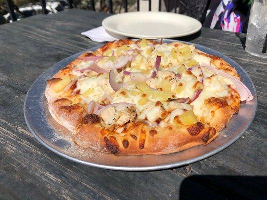 BBQ Chicken pizza! Perfectly cooked, ample white meat chicken, a real treat!