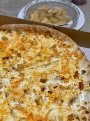 Buffalo chicken pizza & bread bites.