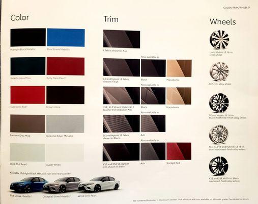 Color and wheel choices for 2019 Camry