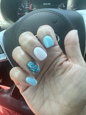 My beach nails! Showed a picture, Nguyen made blended a mix to make my sparkly blue hail because they didn't have something similar!