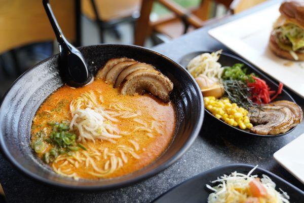 Spicy ramen ($10) with sampler platter ($3)