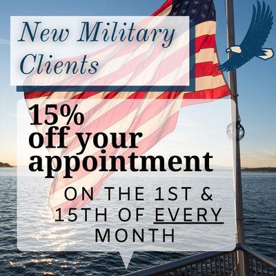 Military babes! Stop in for your Discount on the 1st & 15th of every month  new clients only *