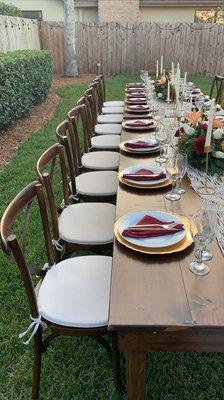 Chairs, chair cushions, plates, cutlery and glassware provided by fiesta