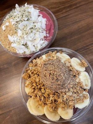 Almond Butter Acai (bottom) - replaced honey for bananas. Dragon Bowl (top)