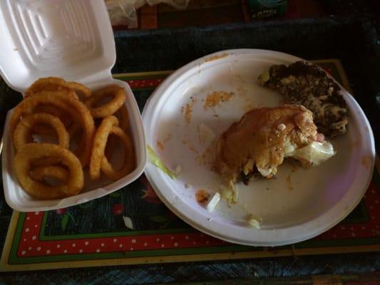 Now I don't even have to say how delicious this burger is so huge I got a double meat and amazing onion rings are homemade