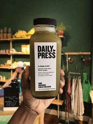 "A Pear A Day" -- 16oz cold-pressed juice for $10 but I got a huge discount so I only paid $3 (15 June 2019).