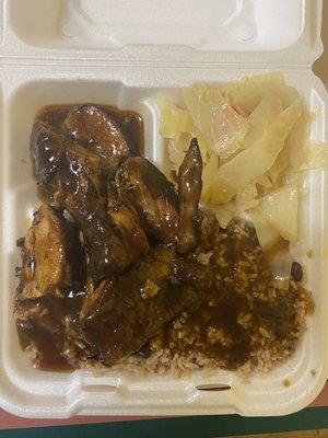 Jerk chicken, rice and peas , cabbage