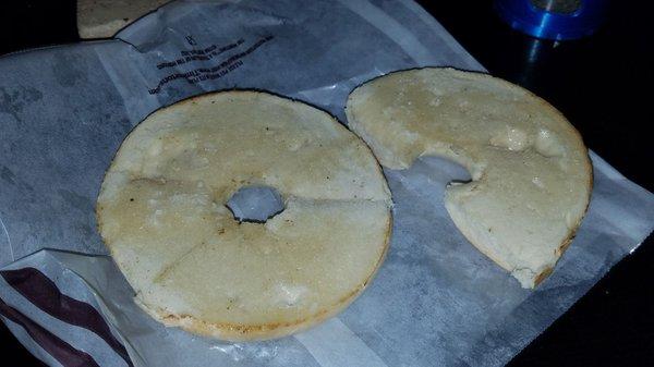 This is a plain toasted bagel with butter.  It was cold and not toasted.