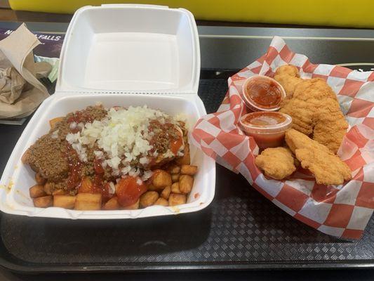 Garbage plate and chicken fingers.