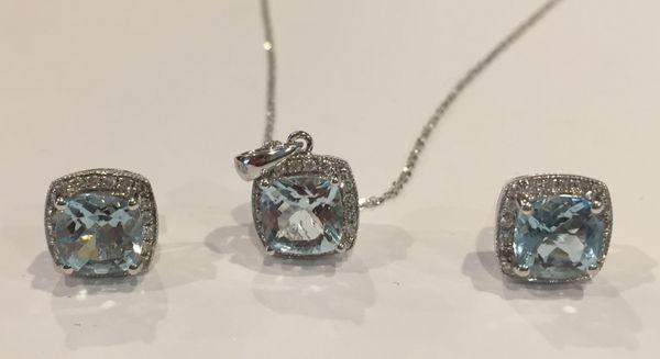 14k aquamarine and diamond necklace and earring set in white gold