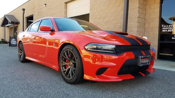 This HellCat has the ultimate heat rejection package with IR 35 on the front roll ups, IR 20 on the rear section, and IR80 on the windshield