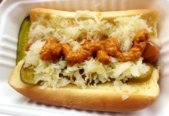 Vegan Naked Dog - with kraut, onions, jalapeños, spicy mustard and a dill pickle. Yessssss!