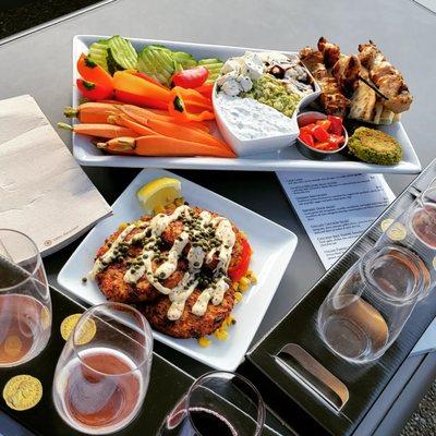 Wine flight. Mediterranean Board and Crab Cakes. Thumbs up!