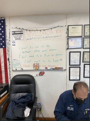 Nazar in his office with his words to live by