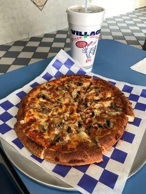 10" small pizza with mushrooms. Only $7.39. Smells goooooood.