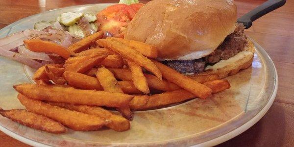 Chipotle burger with sweet potato fries