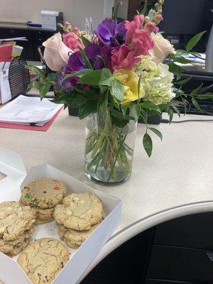 'Designers Choice' size flower arrangement and a dozen Blue Chip cookies :)