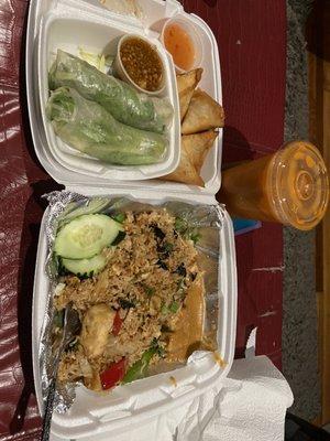 Samosas, Thai Basil Fried Rice, Thai Thai Iced Tea