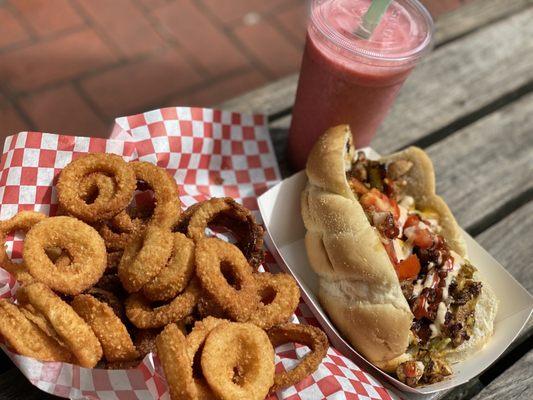 #33 onion rings on the side plus you get a lot.  #14 Chicken Philly Cheese Steak  Strawberry smoothie.  It was so Amazing food.