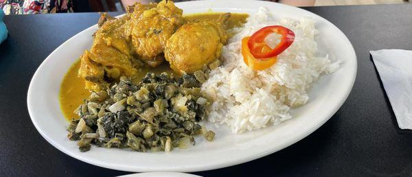 Jamaican Chicken Curry with Jamaica White Rice and Callaloo