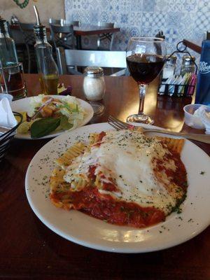 Lasagna and red wine.