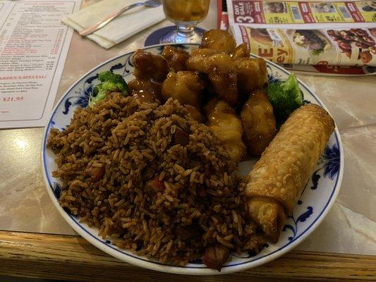 General Tso, pork fried rice and an egg roll.