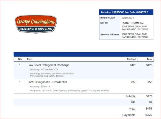 The invoice for the  coolant and trouble shooting.