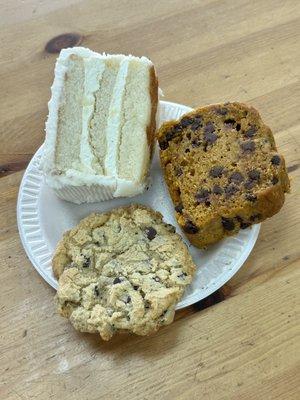 Bavarian Cream Cake, Pumpkin & Chocolate Chip Bread, & Chocolate Chip Cookie