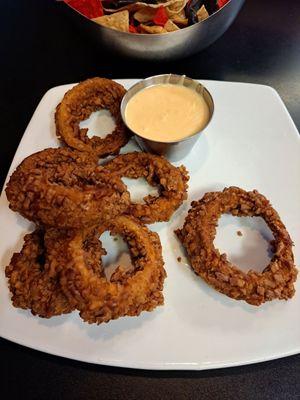 Pretzel crusted onion rings