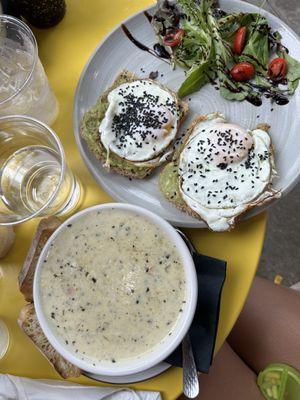 Chicken and rice soup, avocado toast