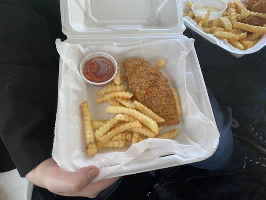 Kids chicken strip basket. $5.95. They menu didn't say there was only one strip.