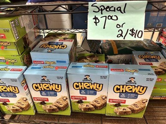 58 Granola bars per box for $7 or 2 for $10.