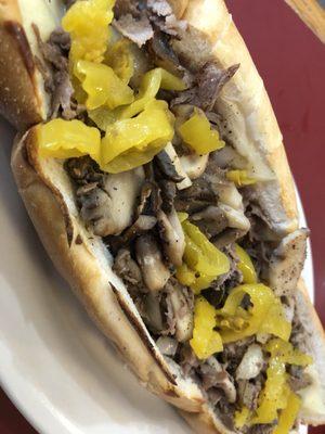 Cheesesteak with onions, mushrooms and hot peppers