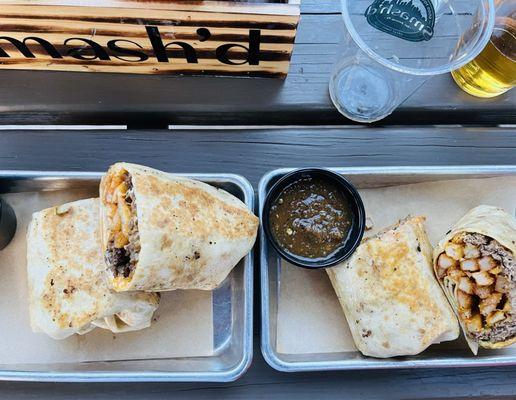 California burrito and Burgerito on a picnic table