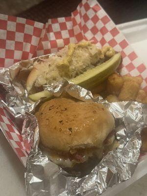 Hotdog and burger with pepper jack cheese and tots combo