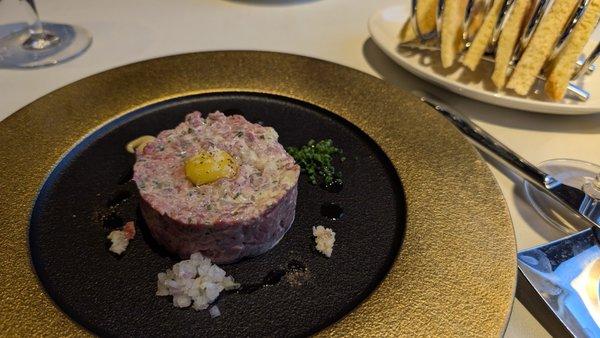 STEAK TARTARE * BEEF TENDERLOIN, DIJON, HORSERADISH, QUAIL EGG, TOASTED BRIOCHE