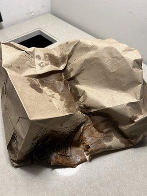 "To-Go" packaging. Aka 2 soggy paper plates and a brown bag.