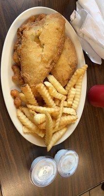 Baby flounder shrimp & fries with side of ranch dressing