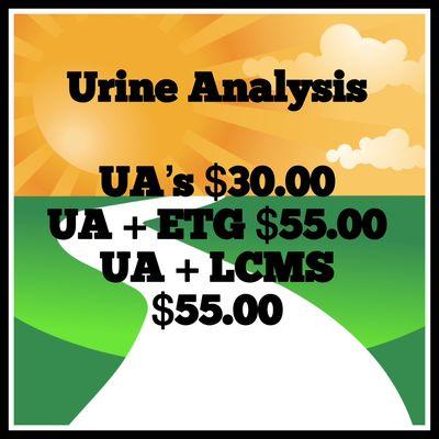 Urine Analysis
UA's $30.00
UA + ETG $55.00
UA + LCMS
$55.00